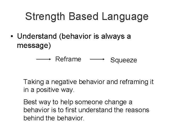 Strength Based Language • Understand (behavior is always a message) Reframe Squeeze Taking a