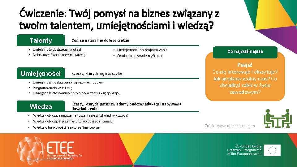 Ćwiczenie: Twój pomysł na biznes związany z twoim talentem, umiejętnościami i wiedzą? Talenty Coś,