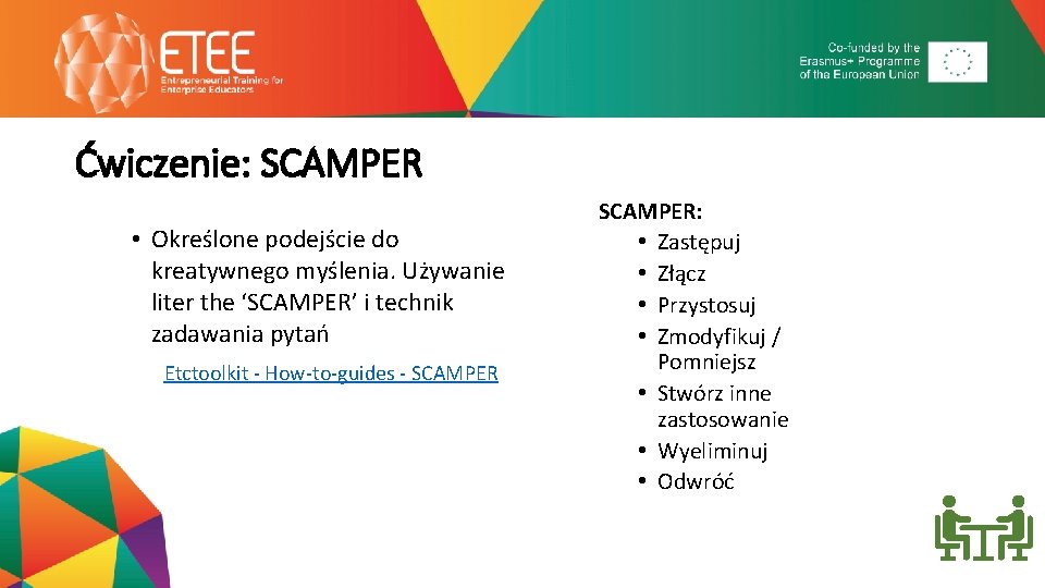 Ćwiczenie: SCAMPER • Określone podejście do kreatywnego myślenia. Używanie liter the ‘SCAMPER’ i technik