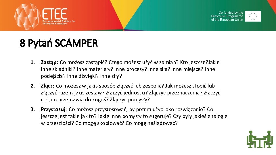 8 Pytań SCAMPER 1. Zastąp: Co możesz zastąpić? Czego możesz użyć w zamian? Kto