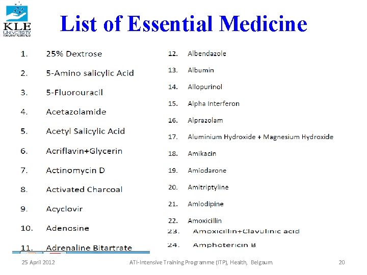 List of Essential Medicine 25 April 2012 ATI-Intensive Training Programme (ITP), Health, Belgaum. 20