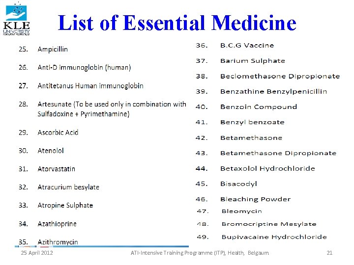 List of Essential Medicine 25 April 2012 ATI-Intensive Training Programme (ITP), Health, Belgaum. 21