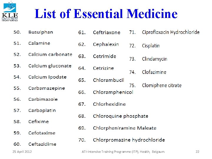 List of Essential Medicine 25 April 2012 ATI-Intensive Training Programme (ITP), Health, Belgaum. 22