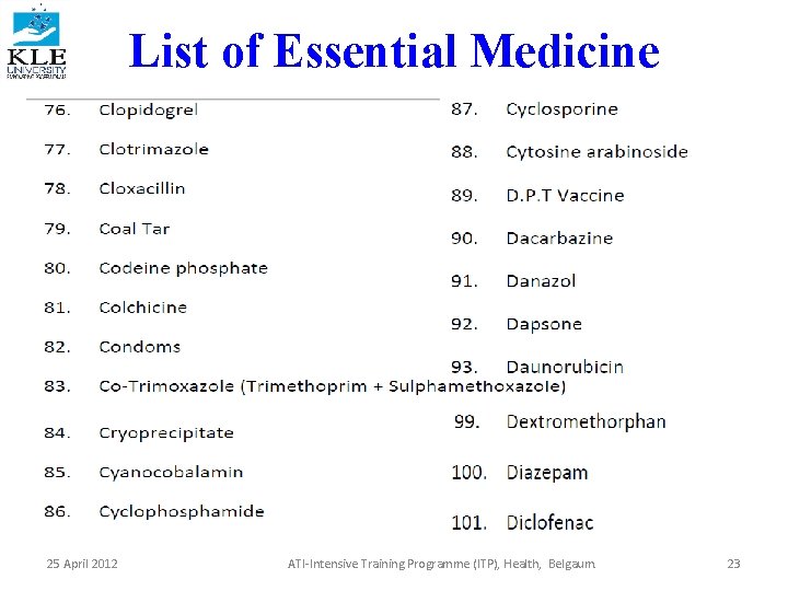 List of Essential Medicine 25 April 2012 ATI-Intensive Training Programme (ITP), Health, Belgaum. 23