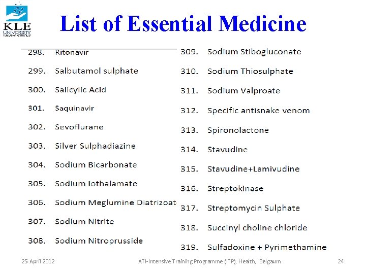 List of Essential Medicine 25 April 2012 ATI-Intensive Training Programme (ITP), Health, Belgaum. 24