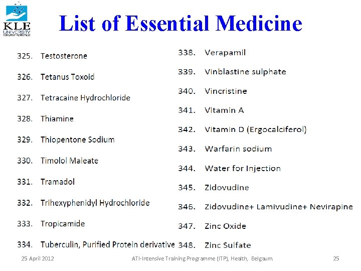 List of Essential Medicine 25 April 2012 ATI-Intensive Training Programme (ITP), Health, Belgaum. 25