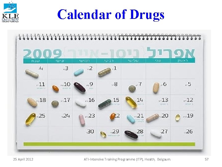 Calendar of Drugs 25 April 2012 ATI-Intensive Training Programme (ITP), Health, Belgaum. 57 