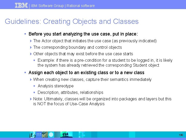 IBM Software Group | Rational software Guidelines: Creating Objects and Classes § Before you