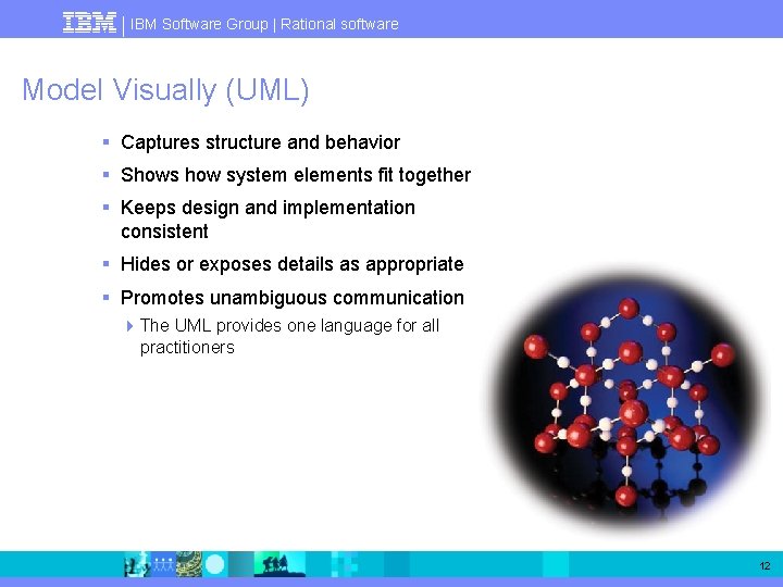 IBM Software Group | Rational software Model Visually (UML) § Captures structure and behavior