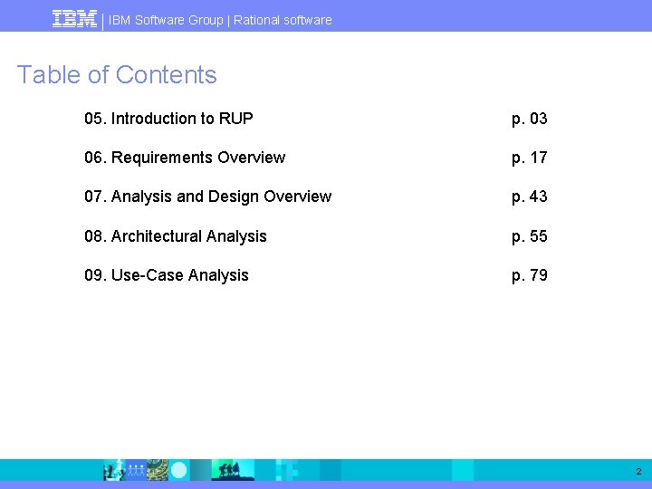 IBM Software Group | Rational software Table of Contents 05. Introduction to RUP p.