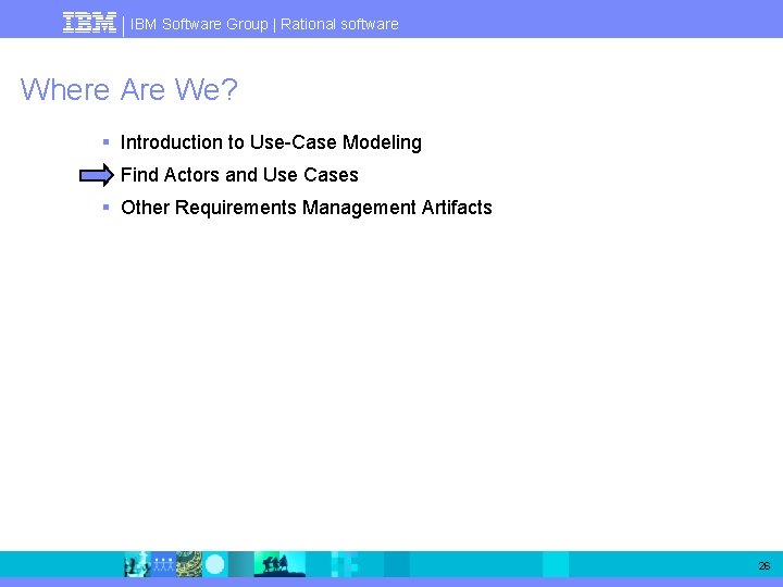 IBM Software Group | Rational software Where Are We? § Introduction to Use-Case Modeling