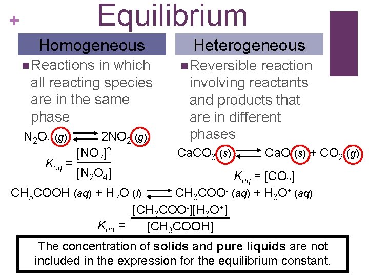 Equilibrium + Homogeneous n Reactions in which all reacting species are in the same