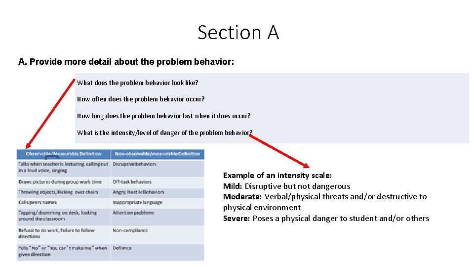 Section A A. Provide more detail about the problem behavior: What does the problem