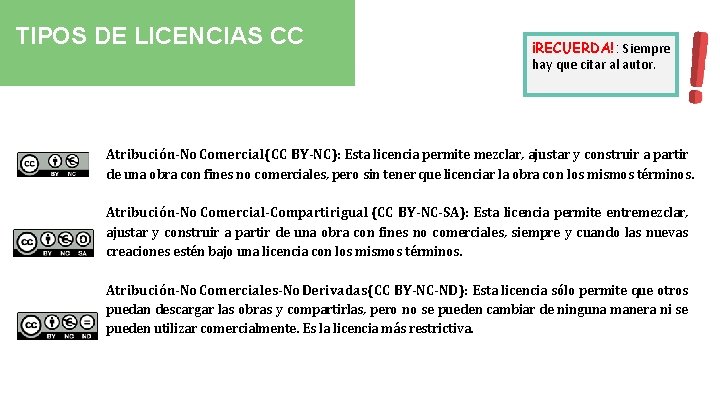 TIPOS DE LICENCIAS CC ¡RECUERDA! : Siempre hay que citar al autor. Atribución-No Comercial