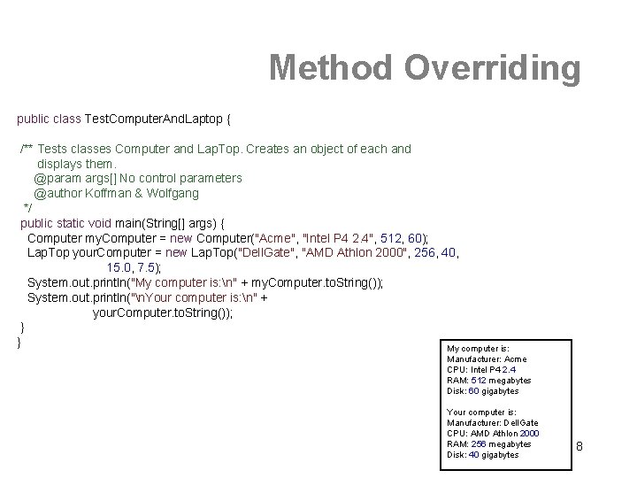 Method Overriding public class Test. Computer. And. Laptop { /** Tests classes Computer and