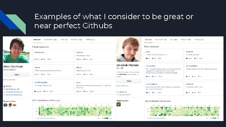 Examples of what I consider to be great or near perfect Githubs 