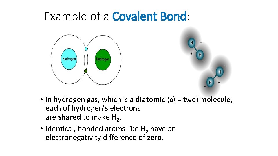 Example of a Covalent Bond: • In hydrogen gas, which is a diatomic (di