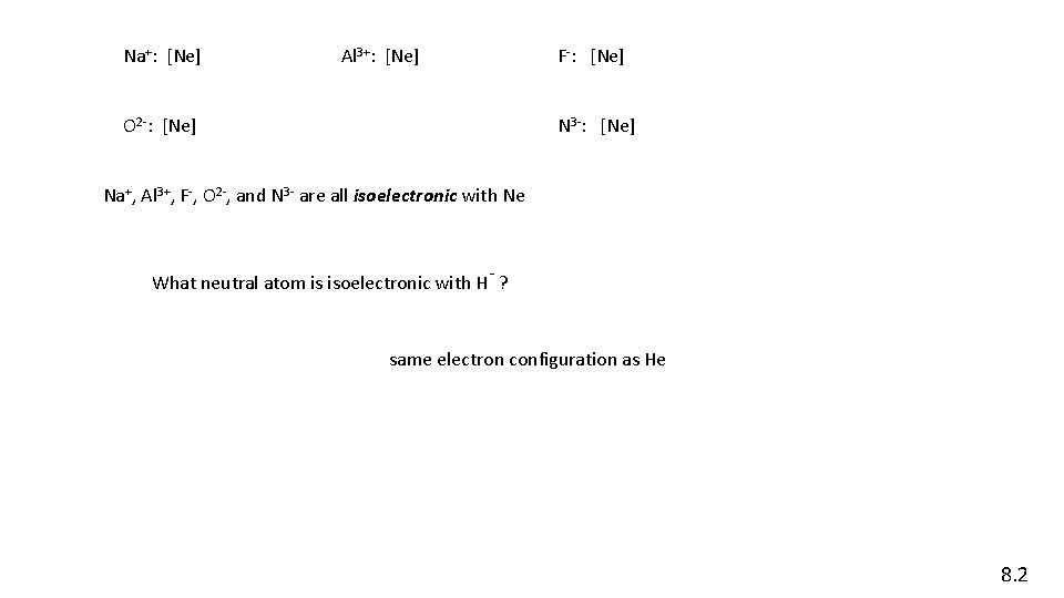 Na+: [Ne] Al 3+: [Ne] O 2 -: [Ne] F-: [Ne] N 3 -: