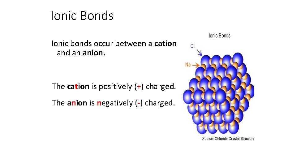 Ionic Bonds Ionic bonds occur between a cation and an anion. The cation is