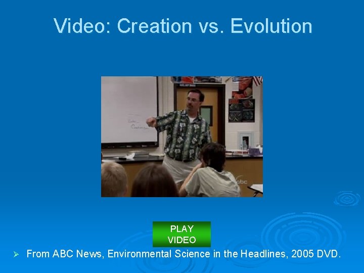 Video: Creation vs. Evolution PLAY VIDEO Ø From ABC News, Environmental Science in the