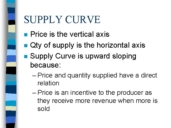 SUPPLY CURVE n n n Price is the vertical axis Qty of supply is