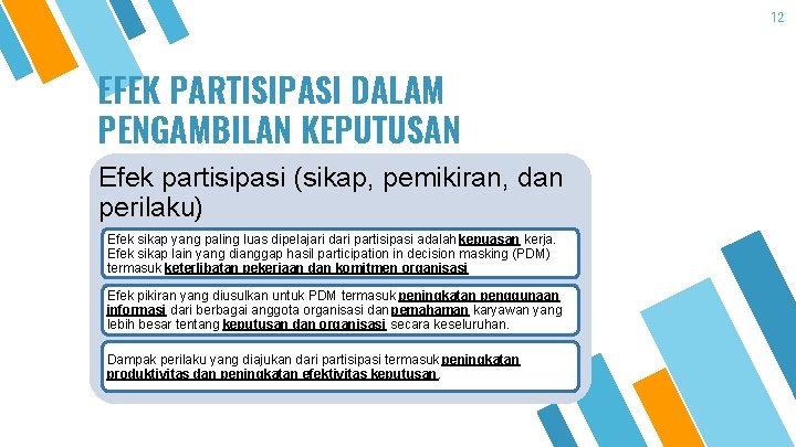 12 EFEK PARTISIPASI DALAM PENGAMBILAN KEPUTUSAN Efek partisipasi (sikap, pemikiran, dan perilaku) Efek sikap