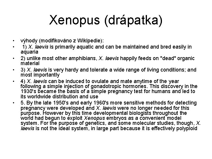 Xenopus (drápatka) • • • výhody (modifikováno z Wikipedie): 1) X. laevis is primarily