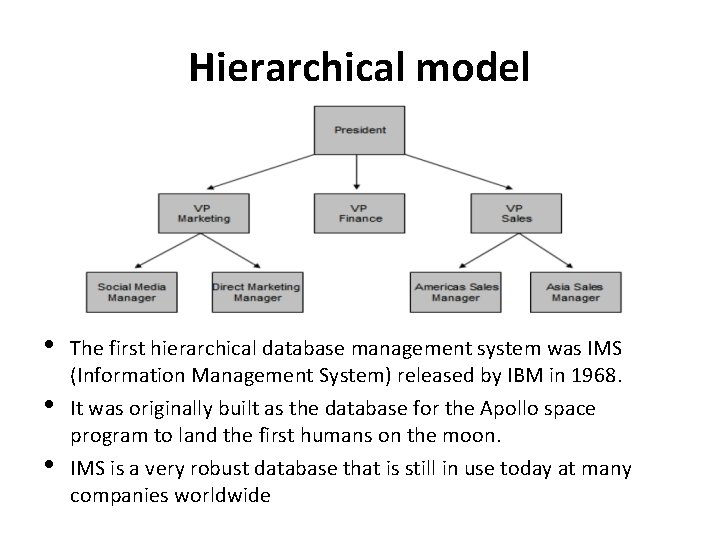 Hierarchical model • • • The first hierarchical database management system was IMS (Information