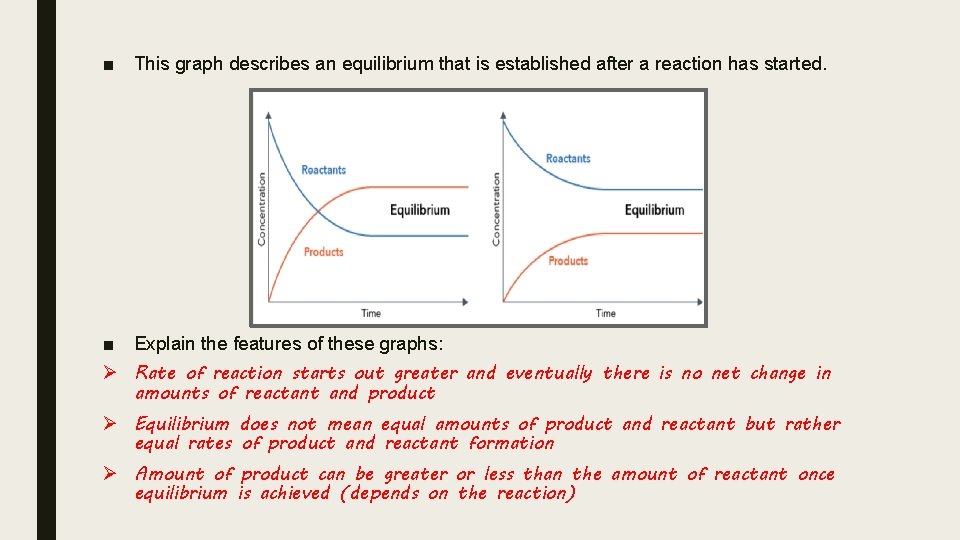 ■ This graph describes an equilibrium that is established after a reaction has started. ■ This graph describes an equilibrium that is established after a reaction has started.