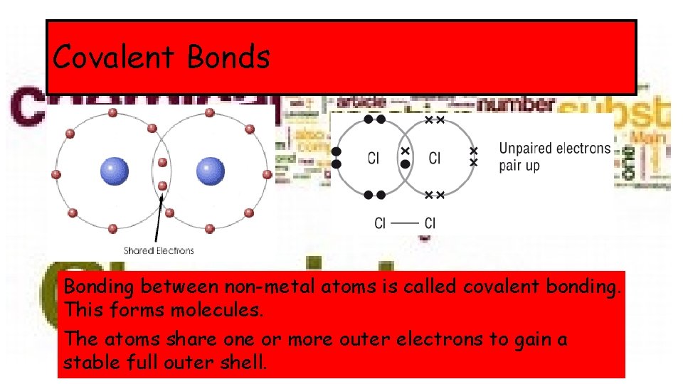 Covalent Bonds Bonding between non-metal atoms is called covalent bonding. This forms molecules. The
