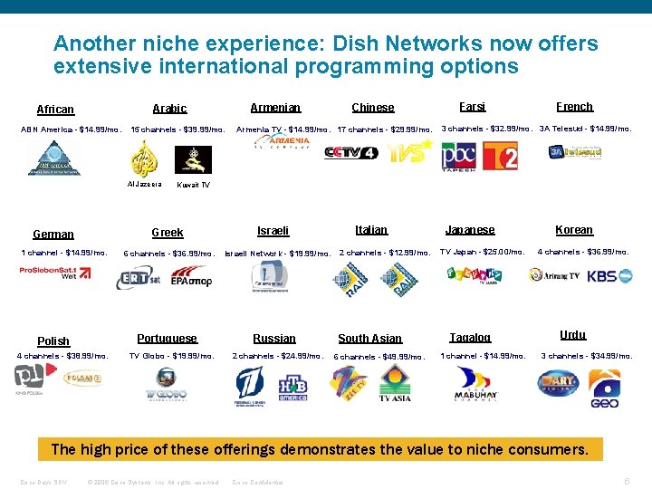 Another niche experience: Dish Networks now offers extensive international programming options Armenian Arabic African
