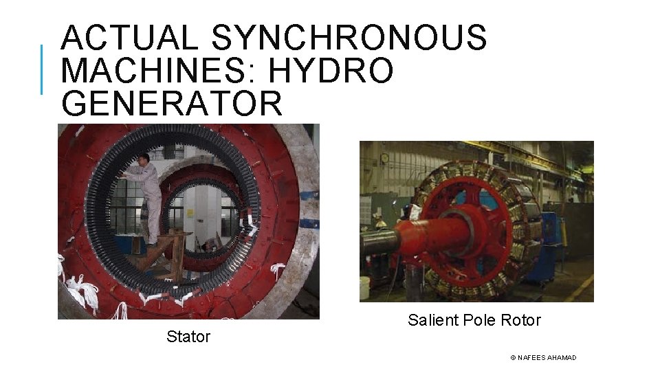 ACTUAL SYNCHRONOUS MACHINES: HYDRO GENERATOR Stator Salient Pole Rotor © NAFEES AHAMAD 