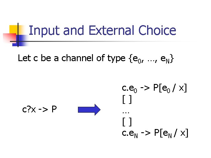 Input and External Choice Let c be a channel of type {e 0, …,