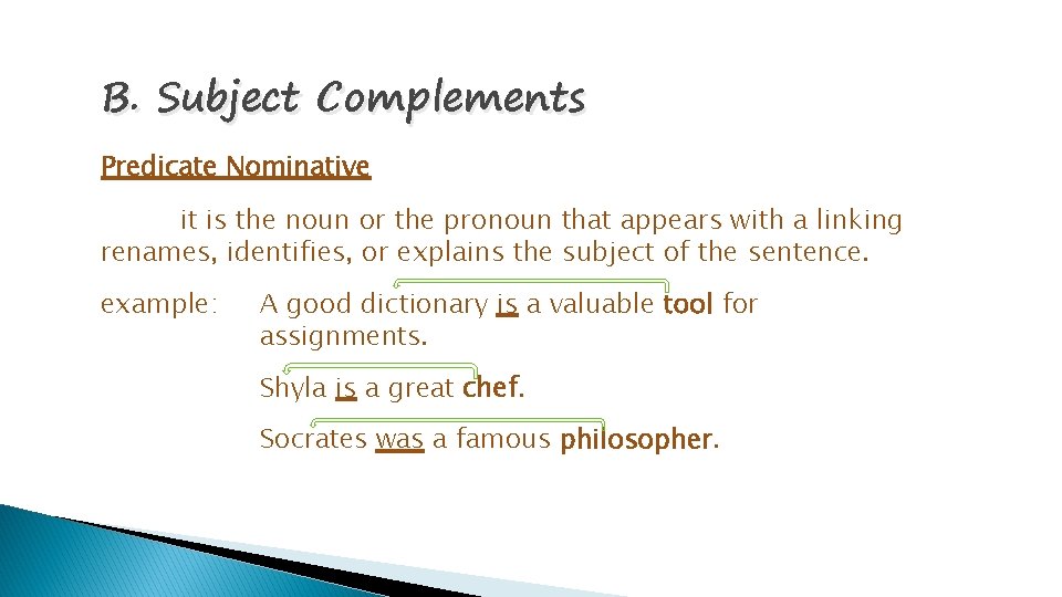 B. Subject Complements Predicate Nominative it is the noun or the pronoun that appears