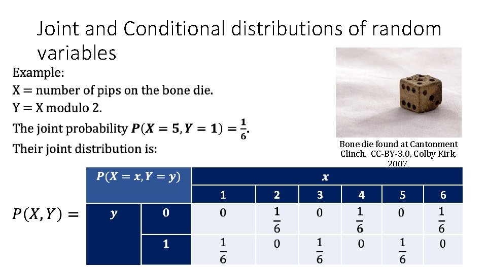 Joint and Conditional distributions of random variables • Bone die found at Cantonment Clinch. Joint and Conditional distributions of random variables • Bone die found at Cantonment Clinch.