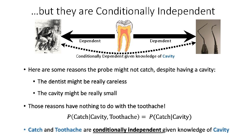 …but they are Conditionally Independent Dependent Conditionally Dependent given knowledge of Cavity • …but they are Conditionally Independent Dependent Conditionally Dependent given knowledge of Cavity •