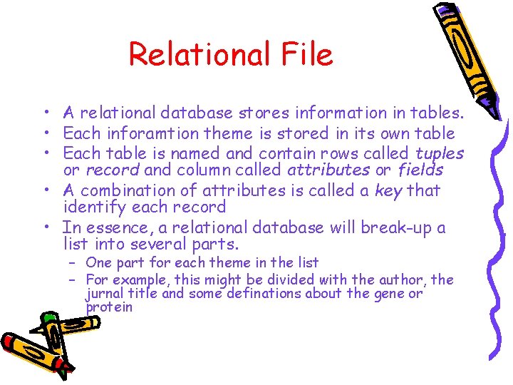 Relational File • A relational database stores information in tables. • Each inforamtion theme Relational File • A relational database stores information in tables. • Each inforamtion theme