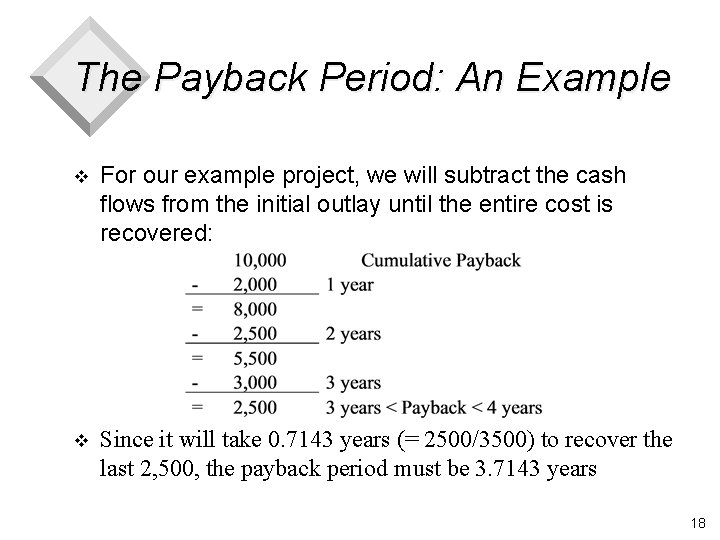 The Payback Period: An Example v For our example project, we will subtract the