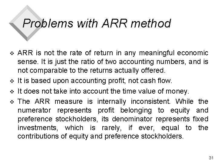 Problems with ARR method v v ARR is not the rate of return in