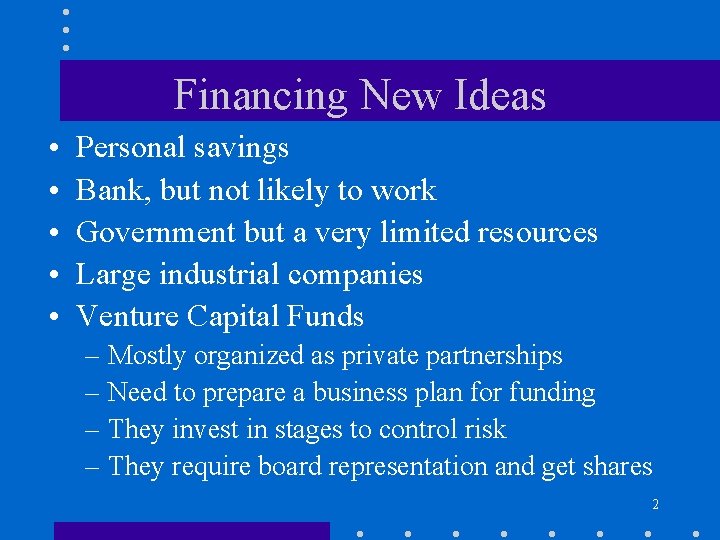 Financing New Ideas • • • Personal savings Bank, but not likely to work