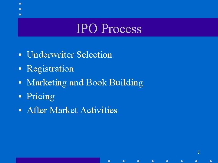 IPO Process • • • Underwriter Selection Registration Marketing and Book Building Pricing After