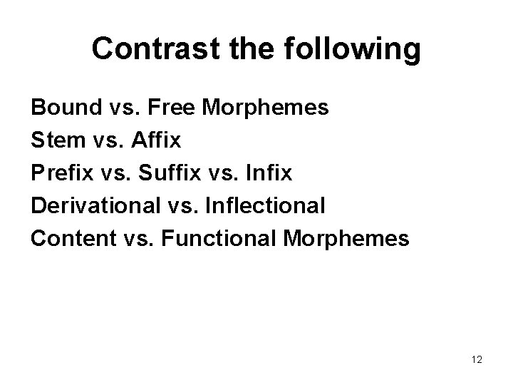 Contrast the following Bound vs. Free Morphemes Stem vs. Affix Prefix vs. Suffix vs.