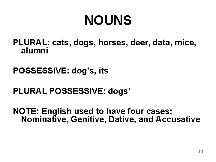 NOUNS PLURAL: cats, dogs, horses, deer, data, mice, alumni POSSESSIVE: dog’s, its PLURAL POSSESSIVE: