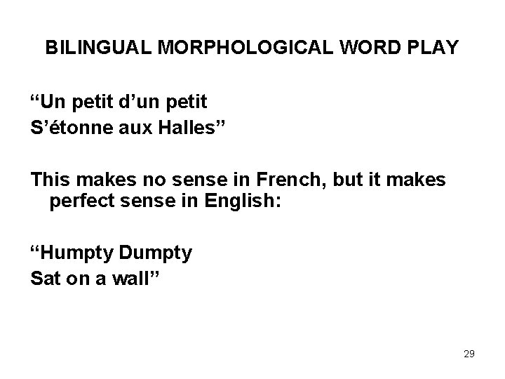 BILINGUAL MORPHOLOGICAL WORD PLAY “Un petit d’un petit S’étonne aux Halles” This makes no