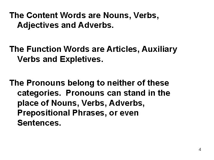 The Content Words are Nouns, Verbs, Adjectives and Adverbs. The Function Words are Articles,