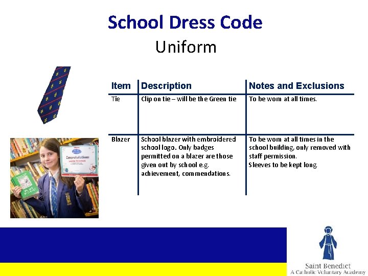 School Dress Code Uniform Item Description Notes and Exclusions Tie Clip on tie –