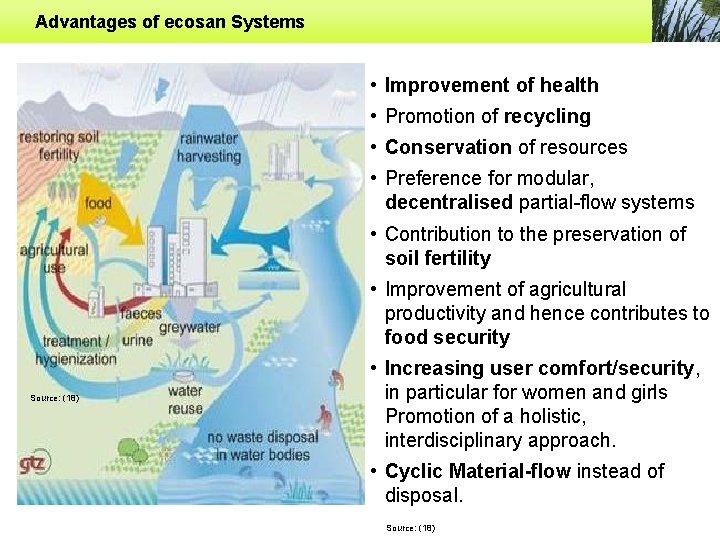 Advantages of ecosan Systems • Improvement of health • Promotion of recycling • Conservation