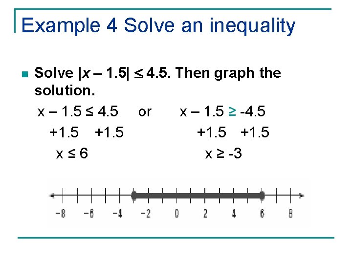 Example 4 Solve an inequality n Solve |x 1. 5| 4. 5. Then graph