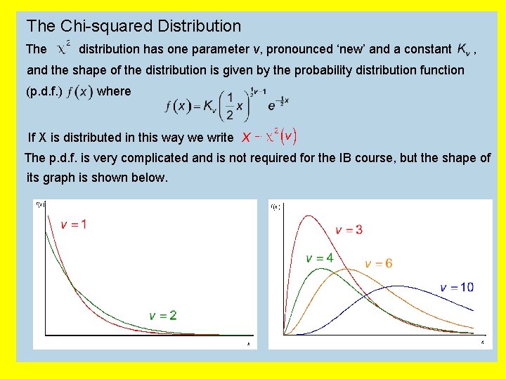 The Chi-squared Distribution The distribution has one parameter v, pronounced ‘new’ and a constant