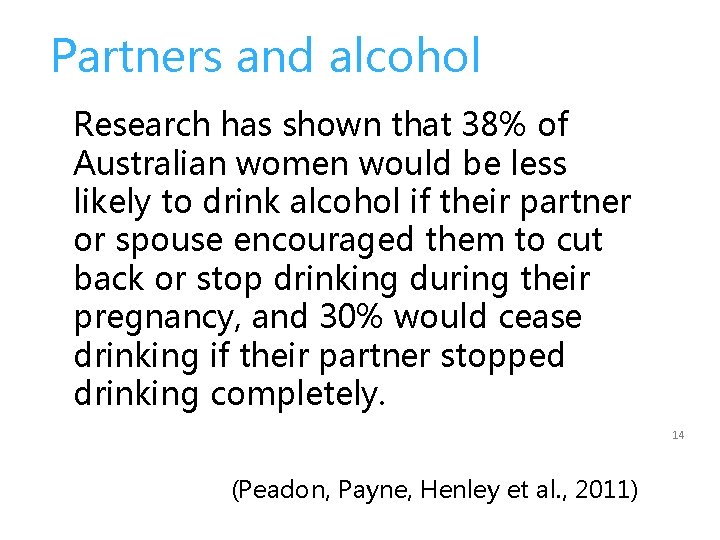 Partners and alcohol Research has shown that 38% of Australian women would be less